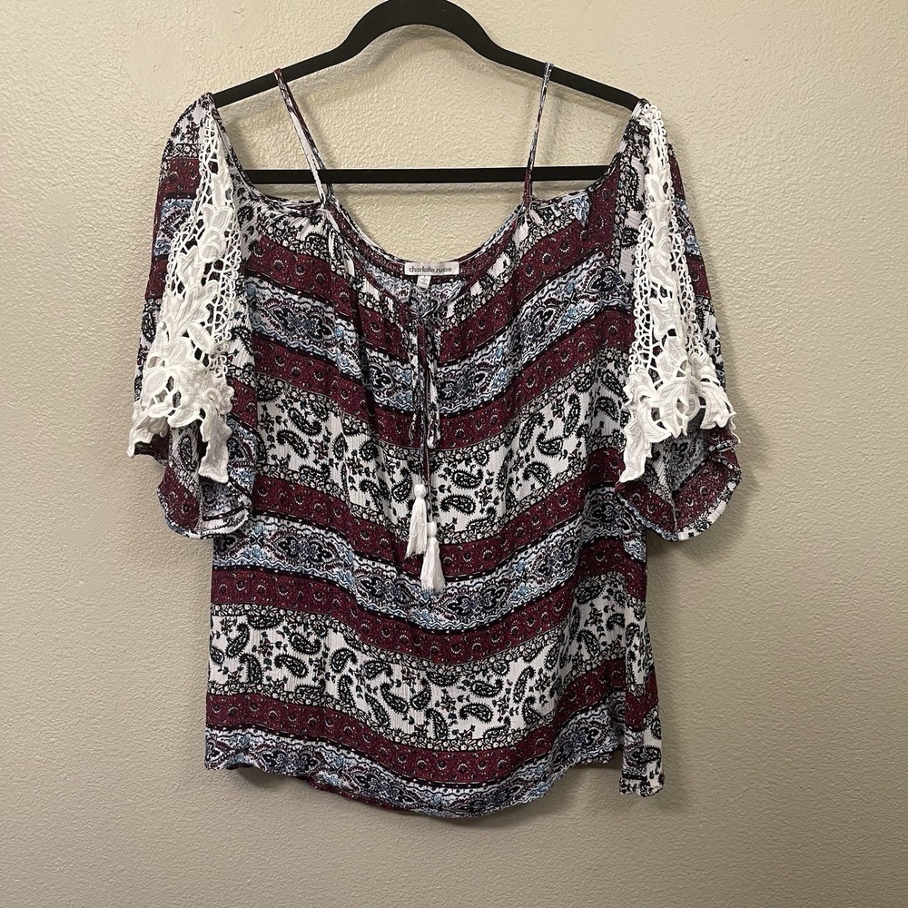 Charlotte Russe Flowy Boho Top Lace Detail Paisley Tassels Cold Shoulder Size L